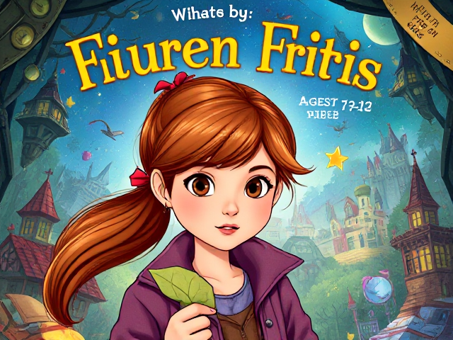 children's fiction book cover for girls aged 7-12, vibrant and colorful illustration, a mysterious fantasy world, young girl detective with long brown copper hair in ponytail with red ribbon and hazel eyes, hidden clues, whimsical elements, sense of adventure and intrigue. Realistic illustrative style