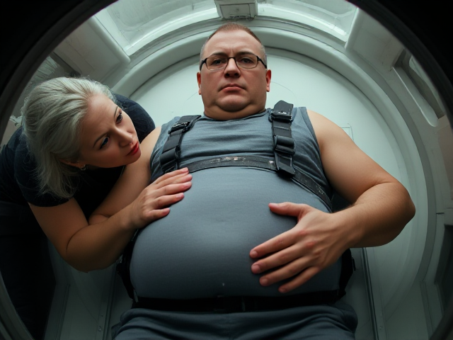 A middle age man of a medium build, glasses, and a receding hairline. His hair is mostly bald on top but appears darker at the sides. He has a serious expression. His body type is somewhat stocky, with a round and slightly protruding belly . He is wearing a sleeveless tight grey shirt and is wearing workpants, he is  laying flat on back inside a capsule with glass top. A young smaller woman, with silver-white hair, has an intense and piercing  expression as she stands on the outside (and behind the man to his left shoulder) of the capsule and touches the mans belly and kisses his lips, The man looks over his left shoulder to see her, enjoying kisses, but his expression serious. This scene suggests a moment of tension or confrontation between the two characters.
The grey  "hump" under the man's chin is the man’s round belly, as the angle of the shot is of the man layin DOWN FLAT ON BACK,  harnessed in,strap going around round belly, arms still at the man’s sides.  and the camera is facing up from right under his round belly, camera angle adds to this effect