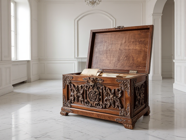 Coffre en bois ancien, sculpté avec des motifs complexes, fermeture en argent brillant finement ciselée, débordant de billets anciens et pièces d'or étincelantes, situé dans une pièce spacieuse aux murs blancs immaculés éclairés par une lumière douce naturelle, sol en marbre poli