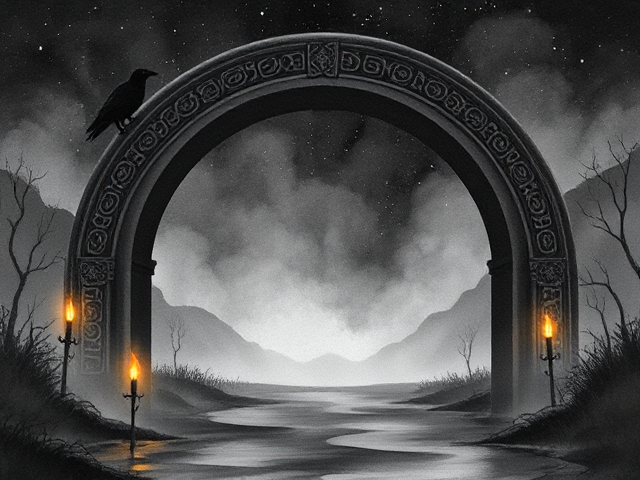Créer une bannière, avec une grande arche en dégradé ornée de motifs complexes et anciens, atmosphère brumeuse et mystique, de nuit avec un ciel étoilé, des torches enflammées illuminent les alentours avec une lumière dansante, un corbeau perché sur l'arche regardant fixement vers l'horizon, des ombres mouvantes au sol ajoutent au mystère