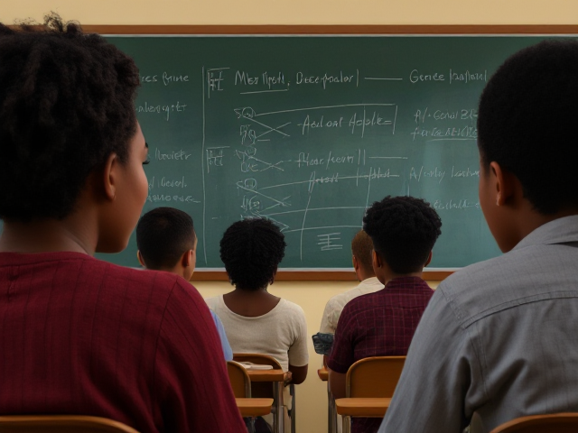 Élèves afro-américains devant un tableau  dans une salle de classe, ambiance studieuse et chaleureuse, tableau noir avec écriture visible, lumière naturelle entrant par la fenêtre