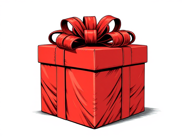 Christmas gift in red wrapping against a blank background. The top has just opened.