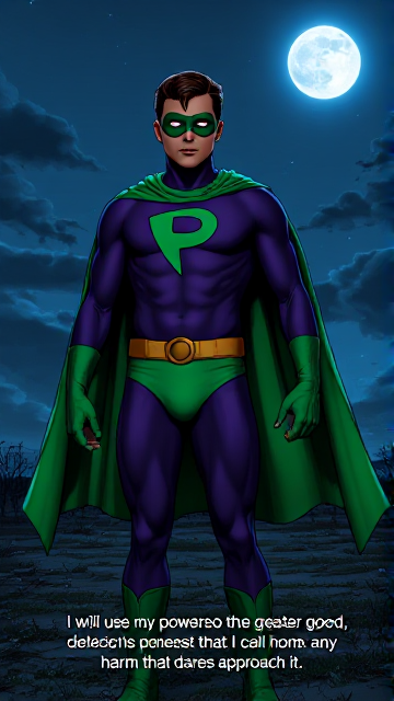 Dramatic Comic Book scene: A young, Autistic 25-year old boy with light skin and flat, smooth, and slick brown hair with a singular curled bang in the shape of a P sticking out at the front named T.J. Granger, but transformed into a genetically-altered superhero named Powerman, who, despite still being a young adult kid, has an extremely muscular body. He wears a sleek purple bodysuit with a green P symbol on his chest, a golden belt with a circular buckle, green briefs, green boots, green long-cuffed gloves, a really big, toe-length long, ultra-wide green cape wreathed around his neck, and a green eye mask that protects his true identity and also causes his pupils to magically disappear as his eyes glow an eerie white. He also has incredible and invincible superpowers flowing through his veins. In this scene, Powerman is currently standing in front of a crashed alien mothership on the outskirts of a farm at night, ready for action as he prepares to take flight for the first time and fulfill his destiny. The subtitles at the bottom have Powerman say, "I will use my powers for the greater good, and defend this planet that I call home from any manner of harm that dares approach it."