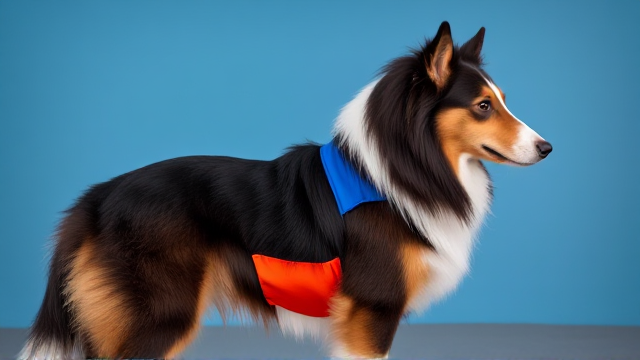 Rough collie wearing a colorful leotard, standing gracefully, focus on hips, in a vibrant setting
