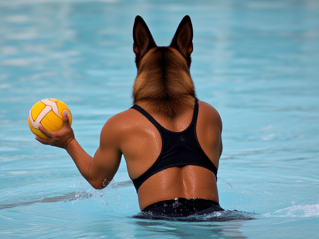 Anthropomorphic German shepherd playing water polo, wearing a one-piece swimsuit, focus on athletic build and posture