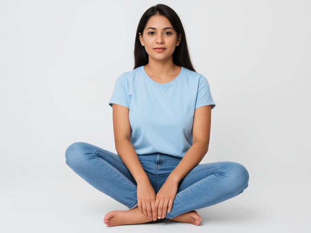 Thin Indian lady wearing a light blue t shirt and blue jeans. She sits on her knees
