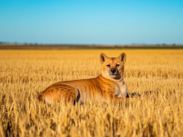 Hyena relaxing in a golden wheat field, surrounded by the expansive rural landscape of North Dakota under a clear blue sky, during daylight hours