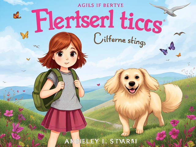 children's fiction book cover for girls aged 7-12, featuring an 11-year-old girl with copper brown medium-length hair and hazel eyes, wearing a backpack and investigating a mystery. She stands on a fantasy hillside, surrounded by butterflies and birds. Next to her is an excited long-haired cream-colored dog with long floppy ears. Both are searching for clues
