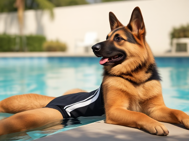 A lean (anthropomorphic) long haired German shepherd with a long torso and broad shoulders wearing a adidas bathing suit while lying on her back next to a swimming pool