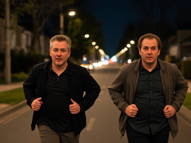 Two serious looking middle aged men running down the street in the suburbs in the middle of the night