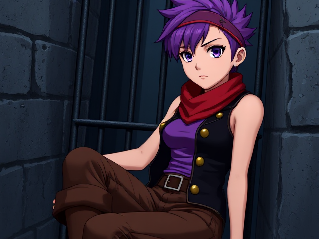 A fiery pirate girl with vibrant purple hair cropped short and spiky, wearing a matching purple tanktop that accentuates her rebellious spirit. A crimson scarf is draped around her neck, and she has on a pair of rugged brown pants held up by a sturdy brown belt. Her attire is completed with a sleek black sleeveless vest adorned with gleaming golden trims that hint at her swashbuckling adventures. Despite her current predicament, she sits with a defiant posture in the dimly lit confines of a prison cell. The bars behind her are thick and cold, a stark contrast to her vibrant outfit. Her eyes, though filled with determination, reflect a hint of sadness or perhaps contemplation. She leans against the damp stone wall, one hand resting on her bent knee while the other holds onto a piece of the cell's bars. Her purple hair band, seemingly undisturbed by the chaos of her life, holds back her bangs, giving her a youthful and slightly vulnerable appearance. The overall scene is a blend of gritty reality and the girl's vivid, colorful identity, symbolizing the unyielding nature of her character even when caged. The background whispers tales of past inmates and forgotten moments, captured within the cold embrace of the cell's history.