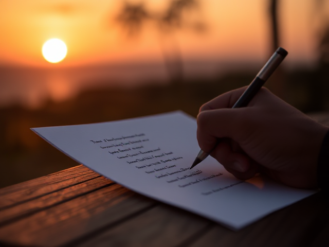 Generate an image of someone writing song lyrics on a white paper, cinematic lighting, ultra high res