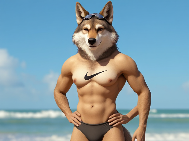 A tall, anthropomorphic wolf with a long torso and broad shoulders from Hawaii, wearing a high-cut Nike one-piece swimsuit and swimming goggles, standing confidently by the beach