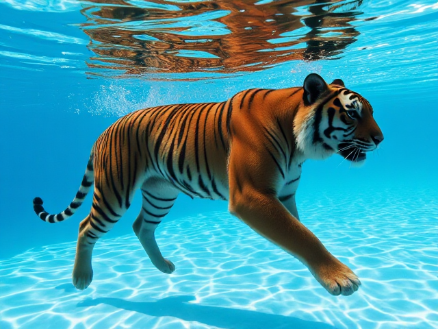 Anthropomorphic tiger in a sleek swimsuit gracefully walking underwater in a crystal-clear pool, surrounded by gentle ripples and rays of sunlight filtering through the water