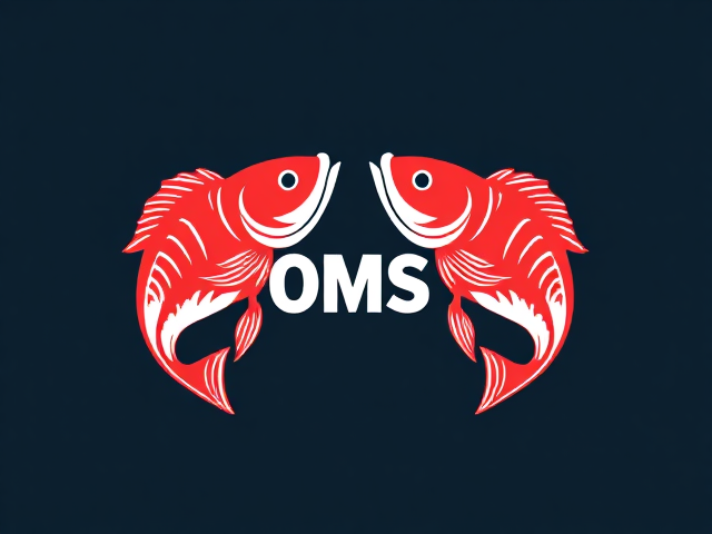 Minimalistic japanese themed logo with two fish and the letters "OMS" hidden within the fish, The letters "OMS" must be cleverly hidden into the fish