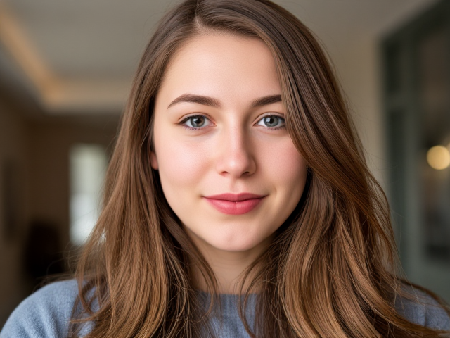 Head to foot image of a thick-bodied preppy brown-haired college girl with a wide nose