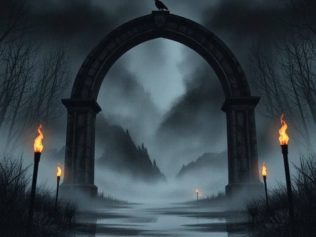 Créer une bannière, avec une grande arche en dégradé, atmosphère brumeuse et mystique, de nuit, des torches enflammées illuminent les alentours, un corbeau perché sur l'arche