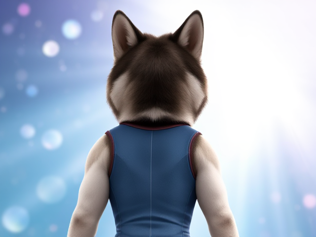 A Alaskan malamute Olympic gymnast with broad shoulders wearing a leotard