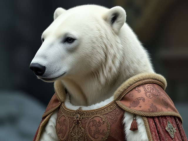 Image réaliste d'une femelle ours polaire habiller en princesse du moyen âge, de plein pied
