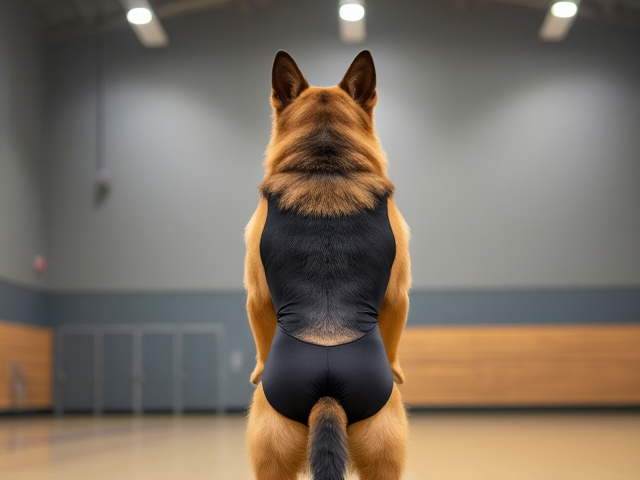 A anthropomorphic long haired German shepherd wearing a gymnastics leotard in a gymnasium