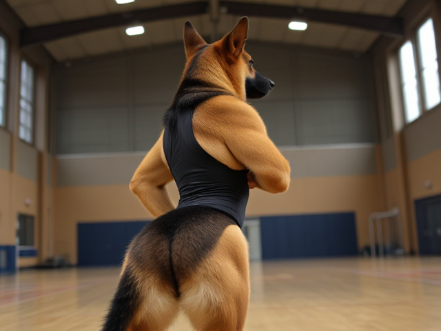 A anthropomorphic German shepherd with a strong butt wearing a gymnastics leotard in a gymnasium