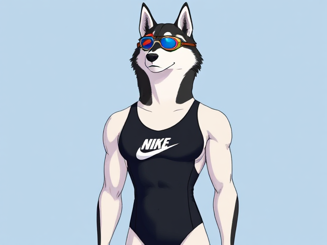 A tall Siberian Husky with a long torso and broad shoulders wearing a high cut Nike one piece swimsuit and swimming goggles