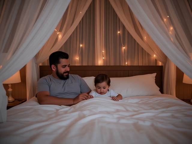 Husaband and wife going to vacation. They trying to make a child in a bed. The room has lights and it is romantic.