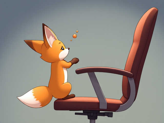 A highly detailed and very adorable illustration of a small two-tailed fox named Tails, struggling to climb onto an office chair due to his tiny size. Tails has his front paws on the seat of the chair, attempting to pull his cute little butt up that is dangling over the edge of the chair onto the seat as well. The world around Tails appears significantly larger than usual, emphasizing his tiny stature. A little brown fart cloud is emitting from his butt, adding a humorous touch to the scene
