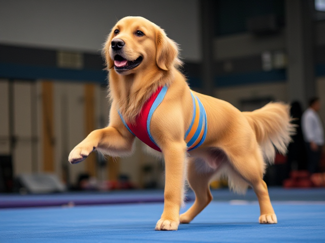 Golden retriever performing gymnastics in a colorful leotard, strong and athletic posture, inside a gymnasium setting with gym equipment in the background