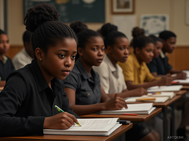 Des élèves noirs de huit ans assis en classe, écoutant attentivement le professeur, avec des cahiers et des crayons sur leurs bureaux
