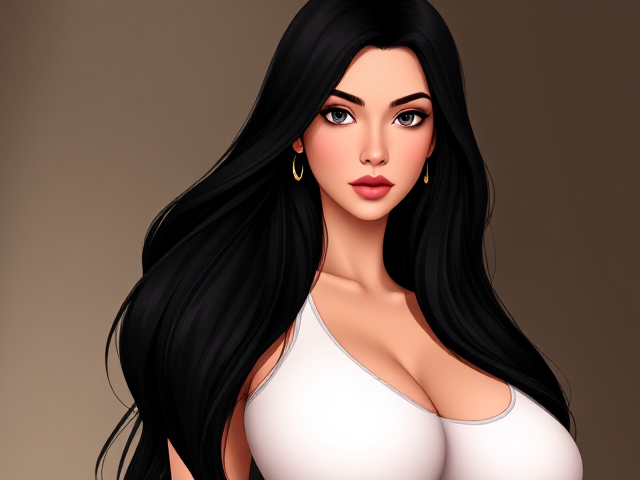 a woman of 40. she is sultry with long black hair. she has enormous breasts. she is wearing a white tank top.