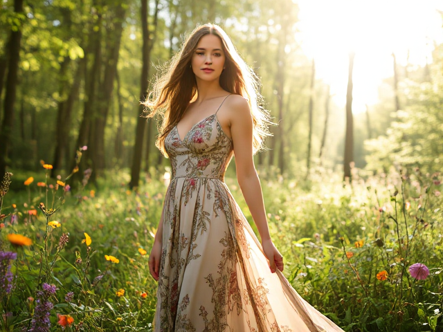 A beautiful woman standing in a sunlit forest, wearing an elegant flowing dress made of silk, intricate floral patterns, with long hair gently blowing in the breeze, surrounded by vibrant wildflowers and dappled soft light filtering through the leaves, butterflies fluttering around, serene expression