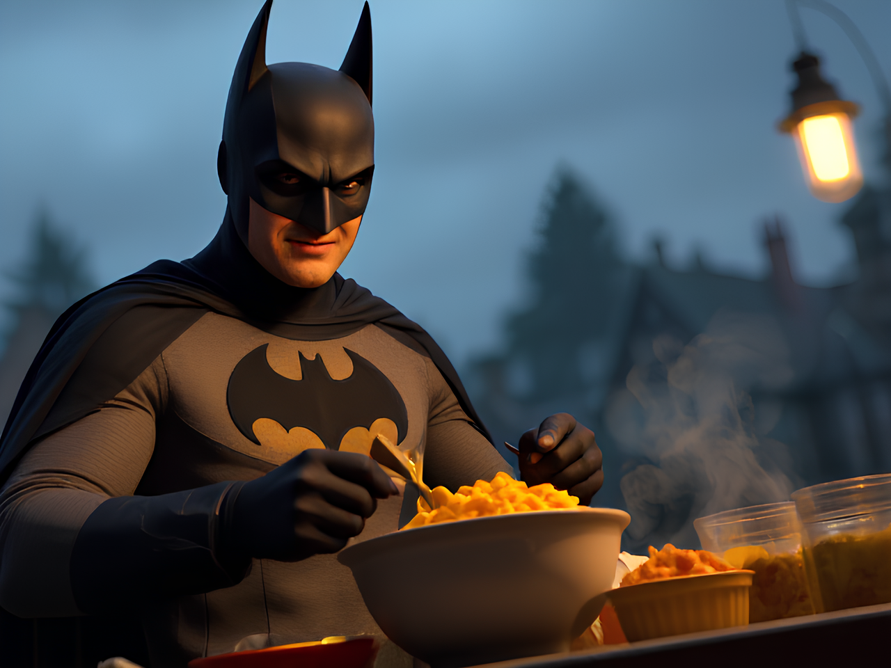 bat man cooking macaroni and chese