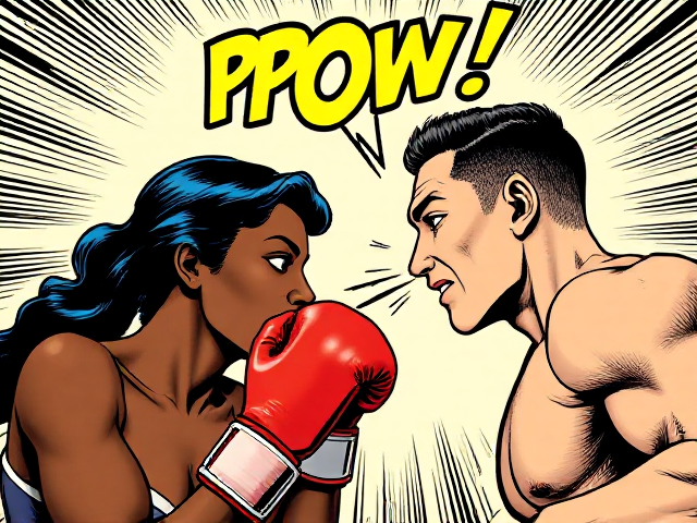 A comic book image of a black female boxer connecting with a straight man to a white male boxer’s nose, flattening his nose The word: 
POW! . Written above