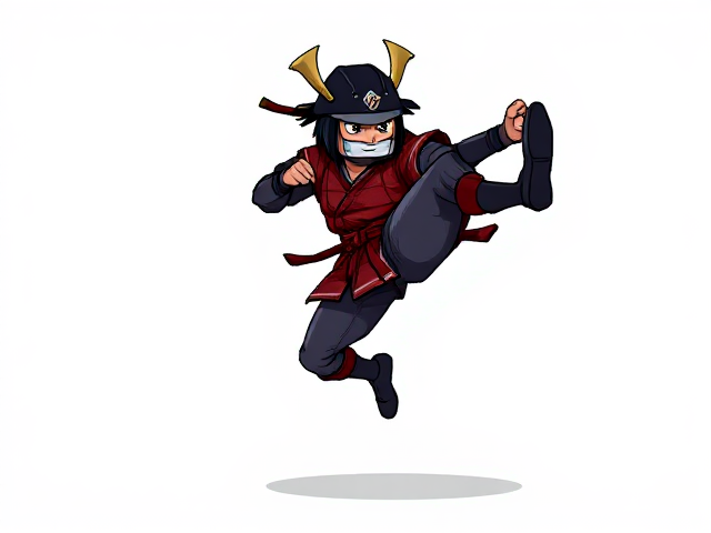 cartoonish 8 bit samurai jump-kicking against a blank white background
