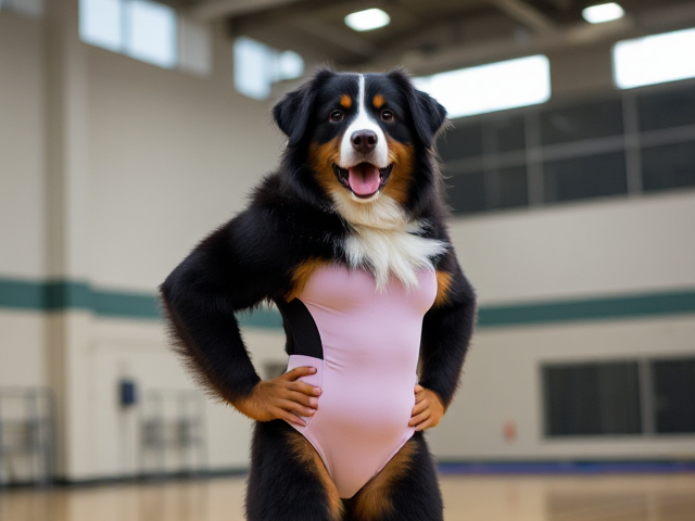 Bernese mountain dog with strong hips, wearing a gymnastics leotard, inside a gymnasium, dynamic pose, vibrant lighting, detailed fur