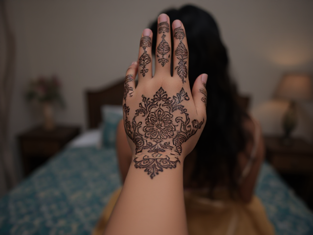 Henna on an Indian woman's hand, background bedroom