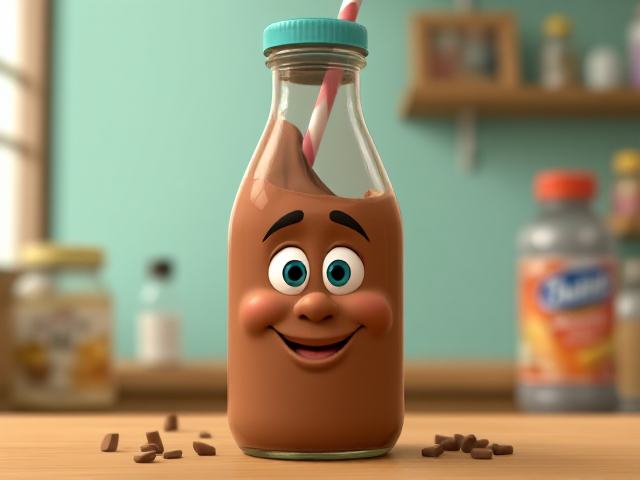 Chocolate Milk in bottle with a face disney pixar cartoon.