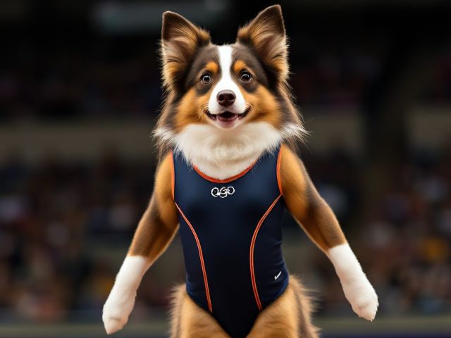 A anthropomorphic Australian shepherd Olympic gymnast wearing a gymnastics leotard