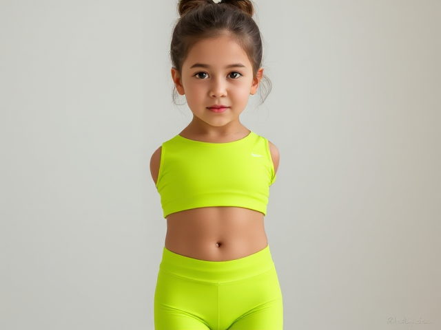 Small girl wearing lime green Nike pro Lycra shorts and sports crop top