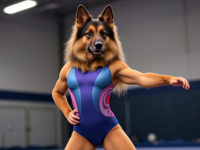 Anthropomorphic Long-Haired German Shepherd wearing a vibrant gymnastics leotard, posing dynamically in a gym setting, detailed fur texture and realistic lighting