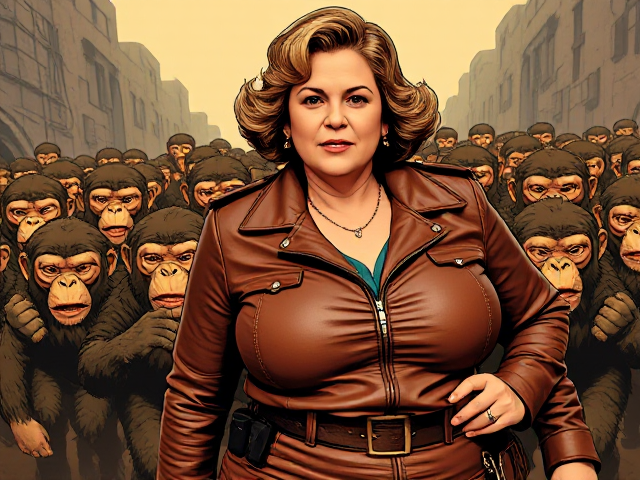 Fat older woman in brown leather leading army of monkey's