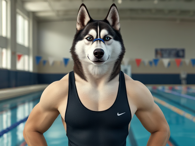 A tall anthropomorphic Siberian husky with a long torso and broad shoulders wearing a high cut Nike one piece swimsuit and swimming goggles at a high school swimming pool