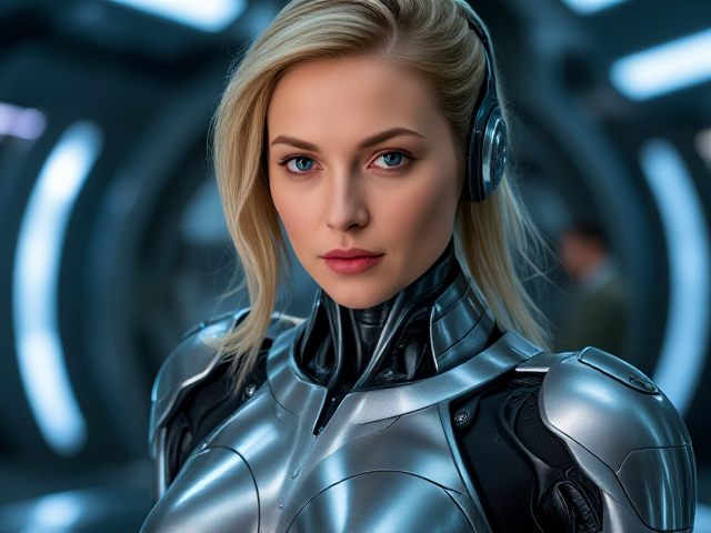 Elizabeth Mitchell as a futuristic robotic woman, sleek metallic design, glowing eyes, advanced technology features, set in a sci-fi environment