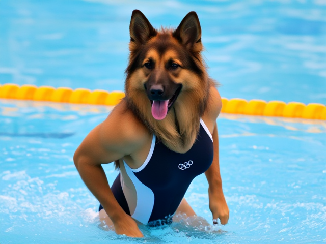 A anthropomorphic long haired German shepherd Olympic swimmer wearing a high cut one piece swimsuit