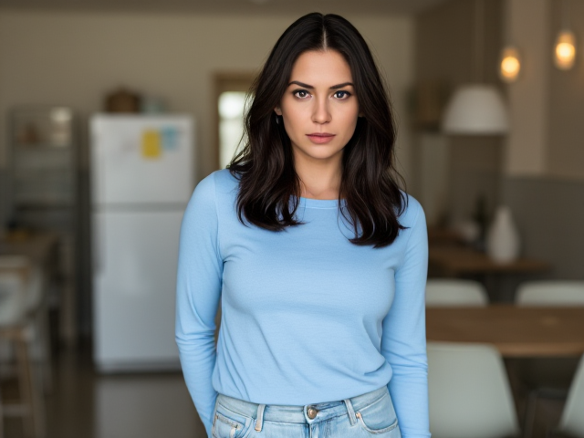 Brunette with dark hair wearing a light blue long sleeve t shirt and light blue jeans in the break room with a constipated look on her face