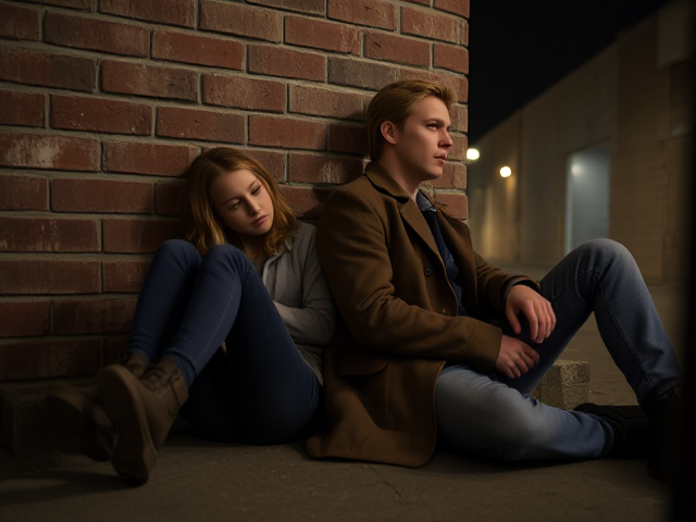 a petite, 13-year-old girl with strawberry blonde hair, wearing jeans and a hooded pullover, sits slumped with her back against a brick wall, feet forward, legs outstretched. Next to her sits a modern-day male vampire, 28 years old, with pale skin and blonde hair, dressed in jeans and a brown trenchcoat. The vampire is slumped against the wall as well, feet forwards, legs outstretched. The girl has a forlorn look and rests her head on the vampire's shoulder. Set at night in an abandoned warehouse, in a holding room with no windows. The vampire is roughed up from a fight. Both have their backs against the wall. 
The vampire looks straight ahead, worried.. they're in a locked room. Seen through a window in the door.