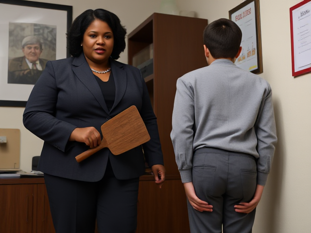 A tall, fat, black female in her 50s and dressed in a business pants suit, is a principal of an elementary school. She is standing in her office holding a spanking paddle. She has a stern facial expression. A young Caucasian boy in the 5th grade stands beside her facing the wall the image we see is his backside. He is bending over and is holding his ankles