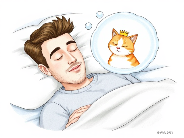 A very handsome man sleeping. He has a dream bubble over his head. Inside the dream bubble is A pretty female orange and white female cat wearing a crown, playing with him drawn as if in a old-fashioned childrens book