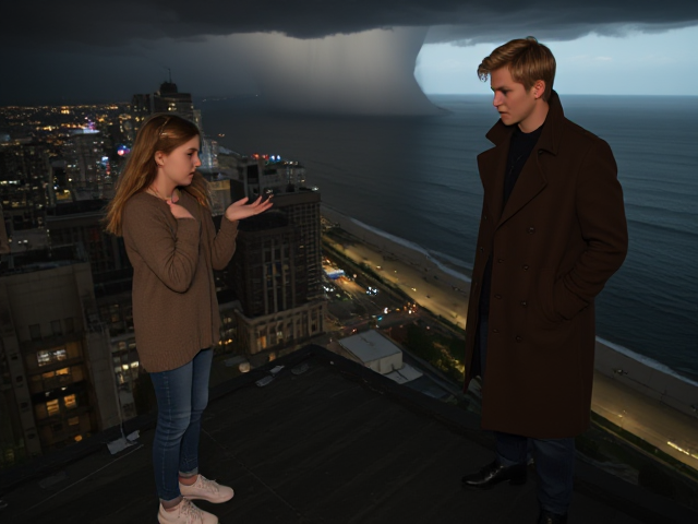 A petite 13-year-old girl with strawberry blonde hair, wearing a pullover and jeans, is standing on the roof ledge of a night club. Next to her on the roof, standing nearby is a modern-day, pale skinned vampire in his late twenties, with blonde hair, dressed in a brown trench coat and jeans. He appears uneasy as he looks at her. The girl gestures angrily at him, flailing her arms. A thunderstorm approaches the cityscape from the sea shore.